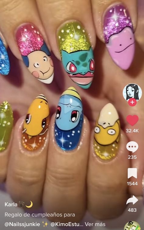 Pokemon Nail Art Designs, Psyduck Nails, Snorlax Nails, Dbz Nails, Cartoon Nail Art Designs, Pokemon Nail Art, Pokemon Nails, Nerdy Nails, Rounded Acrylic Nails