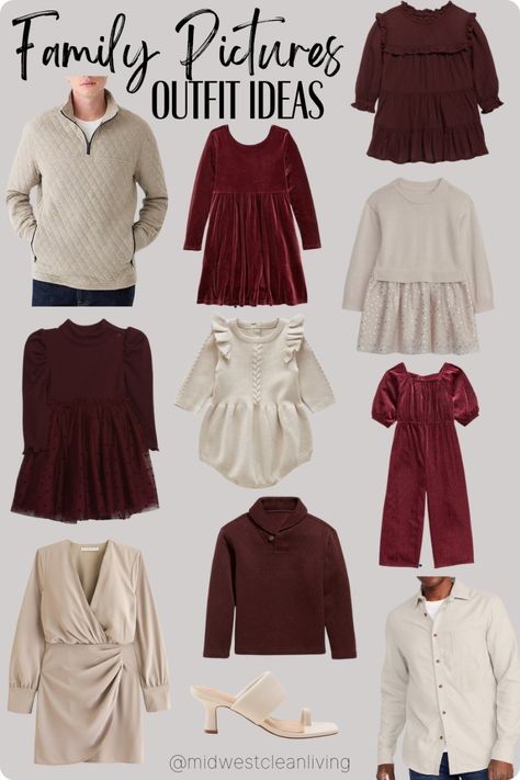 Christmas Family Outfits Color Schemes, Burgundy And Cream Family Pictures, Holiday Photo Color Schemes, Burgundy Christmas Outfit Family, Family Christmas Pictures Outfits Casual, Christmas Family Outfit Ideas, Christmas Photoshoot Outfits Family, Burgundy Family Photos Outfit Ideas, Color Scheme Family Photos