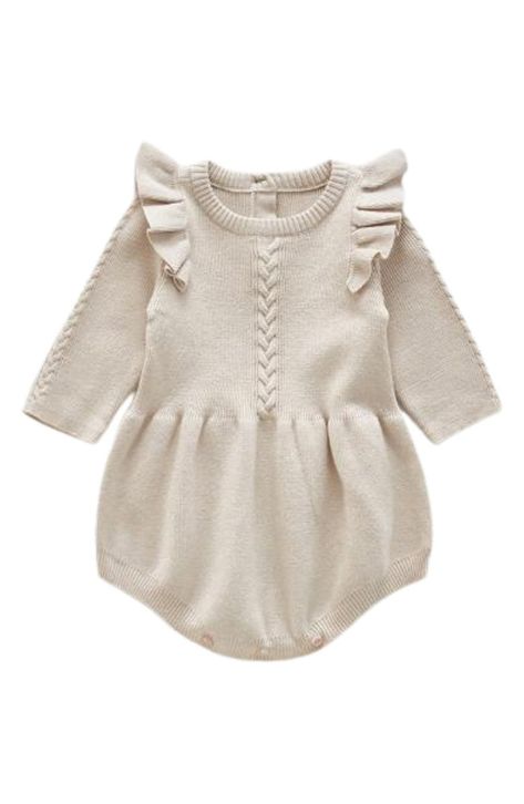 Free shipping and returns on Ashmi & Co. Lizzie Ruffle Sleeve Knit Cotton Bodysuit at Nordstrom.com. You'll love the ruffles and braided knit design; baby will love the cozy feel of cotton; and you'll both love all the buttons for quick and easy changes. Sweater Romper, Winter Romper, Pull Bebe, Winter Knit Sweater, Jumpsuit Outfit, Cotton Bodysuit, Knit Bodysuit, Ruffle Long Sleeve