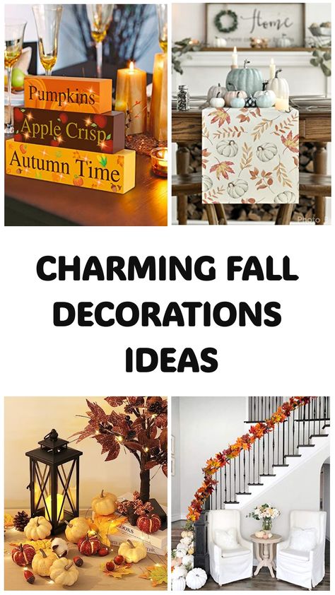 Charming fall decorations including lit candles, pumpkins, and autumn-themed table runners and garland. Fall Indoor Decor Ideas, Autumn Decorations Indoor, Fall Decorations Ideas, Indoor Fall Decor Ideas, Indoor Fall Decor, Holiday Decor Thanksgiving, Fall Pumpkin Decor, Holiday Decor Halloween, Cozy Fall Decor