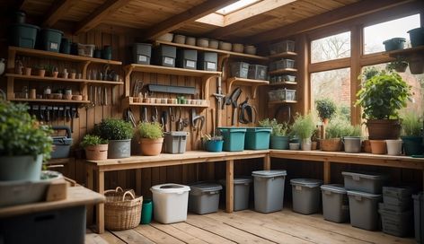 Organizing a garden shed can transform it from a cluttered catch-all into a well-oiled machine for your gardening and outdoor projects. As someone who values Organizing Greenhouse, Winter Allotment, Potting Shed Interior Ideas, Shed Organisation, Basement Mudroom, Gardening Room, Potting Room, Garden Shed Interiors, Garden Workshop