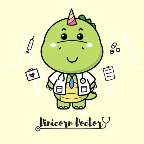 Cute dinosaur unicorn doctor | Premium Vector #Freepik #vector Dinosaur Logo, Baby Reptile, Doctor Vector, Doctor Logo, Yoda Sticker, Doctor Logos, Dinosaur Birthday Theme, Doctor Drawing, Dinosaur Silhouette