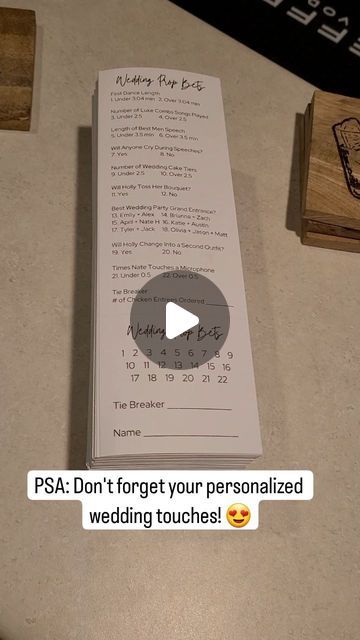 Holly | Wisconsin Wedding Content Creator on Instagram: "Your wedding should feel like you! Make sure you add in touches to make your wedding unique ❤️   I made these wedding prop bet sheets on Canva and printed them at home. The only cost was the perforated paper! They are such a fun way to get guests involved during your wedding!   Don't forget to like and follow for more wedding content 💍  Happy planning! ❤️   #2024bride #2024brides #2025bride #bridetobe #bridetrends #weddingplanning #weddingplanner #weddingplanningtips #weddingtips #wedding #weddinginspiration #weddinginspo #weddingstress #diyweddingplanning #diyweddingplanner #diywedding #weddingplanners #weddingplanningbegins #diyweddingideas #weddingideas #weddingcoordination #weddingday  #diyweddings" Wedding Place Your Bets, Wedding Prop Bets, Diy Wedding Planner, Wedding Content, Diy Wedding Planning, Wedding Lookbook, Wedding Unique, Tuscan Wedding, Perforated Paper