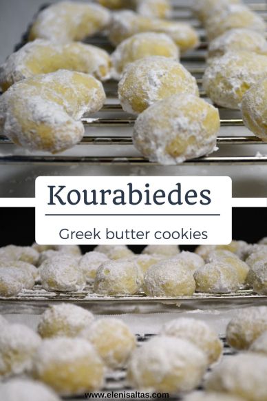 Kourabiedes are popular Greek butter cookies topped with heaps of powdered sugar and made for special occasions like weddings, Christmas, name days, and any day that ends in “y”. Greek Wedding Cookies Recipe, Greek Pastries Desserts, Greek Wedding Cookies, Greek Butter Cookies, Greek Pastry, Mediterranean Desserts, Greek Recipes Dessert, Greek Pastries, Greek Cookies