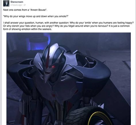 Best moment of my life ever when Starscream replies to me of Facebook!!!!!!!!!!!!!!!!! - Starscream has a Facebook?!  oOo Star Scream, Tfp Starscream, Transformers Prime Bumblebee, Transformers Starscream, Transformers Memes, Robot Animal, Big Robots, Transformers Decepticons, Transformers Robots