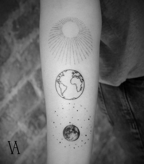 Fine line sun, planet earth and moon tattoo on the right inner forearm. Tattoo Artist: Violeta Arús Tattoo Moon And Sun, Astronomy Tattoo, Earth Tattoo, Tattoo Moon, Small Quote Tattoos, Moon Tattoos, Planet Tattoos, Stylish Tattoo, Small Tattoos With Meaning