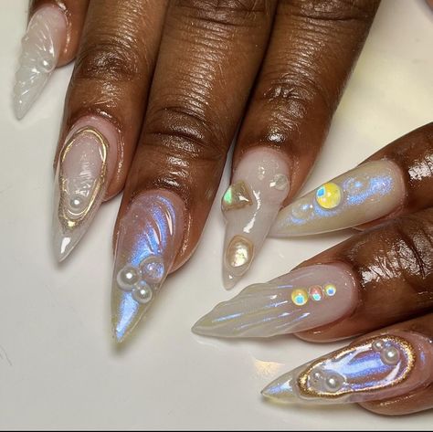 Fairy Chrome Nails, Chrome Wave Nails, Ocean Chrome Nails, Pearl Beach Nails, Korean Clear Nails, Ocean Pearl Nails, Beach 3d Nails, Beach Chrome Nails, 3d Mermaid Nails