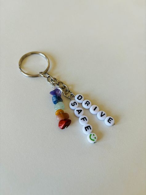 Handmade keychain made with natural stones , letters beads ,chakra natural stones Homemade Keychains For Him, Gifts To Put In Letters, Cute Keychain Ideas With Beads, Letter Bead Keychain Diy, Handmade Key Chain, Craft Keychain Ideas, Handmade Keychain Ideas, Keychain Beads Ideas, Beads Keychain Ideas