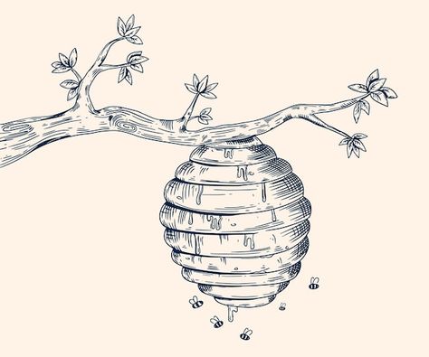 Hand drawn beehive drawing illustration | Free Vector #Freepik #freevector #line-art #hand-drawn-illustration #drawing #hand-drawn Beehive Drawing Illustrations, Bee Hive Drawings, Bee Illustration Graphic Design, Bee Hive Illustration, Honey Bee Sketch, Wasp Illustration, Beehive Designs, Cute Bee Drawing, Bee Hive Art