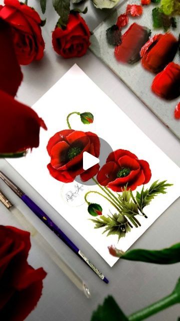 Renjitha Anoop Painting, How To Paint Poppy Flowers, How To Paint Poppies, Painting Flower Bouquet, Red Poppy Painting, Poppy Flower Painting, Paint With Me, Liner Brush, Acrylic Painting Flowers