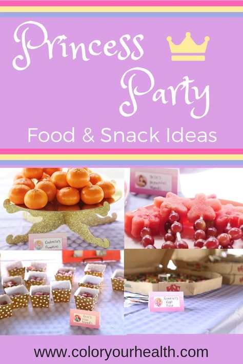 Disney princess party food ideas: cute names to turn any party food into royal princess dishes! Princess Party Finger Foods, Princess Tea Party Food Ideas, Her Royal Five Ness Birthday, Disney Princess Birthday Party Snacks, Princess Party Drinks, Easy Diy Princess Party Decorations, Princess Party Appetizers, Disney Princess Veggie Tray, Princess Lunch Ideas