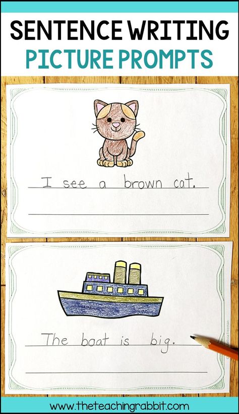 Kindergarten and 1st grade students can use these 36 picture prompts to practice writing simple sentences. Each prompt is half a page with a picture and 2 lines. You can staple all the pages into a booklet and have your students complete them as daily writing activities. To differentiate you could have higher level students write 2 sentences and lower level students just write one word to describe what they see. Writing Simple Sentences, Writing Picture Prompts, Sentences Kindergarten, Writing Sentences Worksheets, Sentence Writing Activities, Learning Vocabulary, Kindergarten Pictures, Writing Sentences, Picture Writing