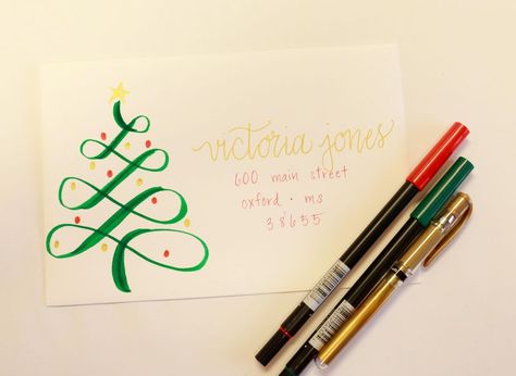 Christmas Envelopes! | Skillshare Student Project Christmas Envelope Art, Christmas Cards Easy, Addressing Christmas Cards, Hand Lettering Envelopes, Tree For Christmas, Christmas Card Envelopes, Mail Art Envelopes, Holiday Envelopes, Christmas Calligraphy