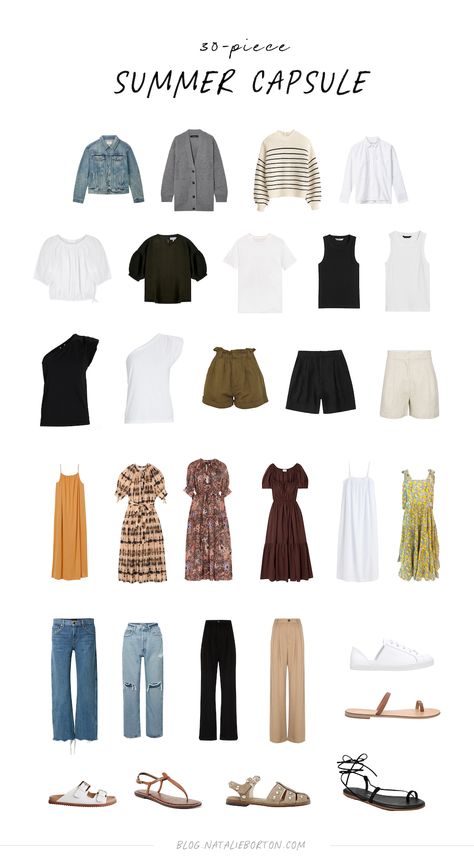 30 Piece Summer Capsule – Natalie Borton Blog Summer Casual Outfits For Women Over 30, Summer Staple Pieces, Minimalist Summer Wardrobe, Natalie Borton, Off White Tees, Classic Outfits For Women, Red Floral Maxi Dress, Spring Summer Capsule Wardrobe, Ulla Johnson Dress