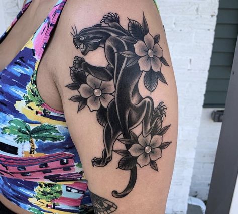 Traditional Panther With Flowers, Black Panther Tattoo With Flowers, Panther Arm Tattoos For Women, Female Black Panther Tattoo, Black Panther Floral Tattoo, Panther And Flower Tattoo, American Trad Panther, Panther Flower Tattoo, Panther With Flowers Tattoo