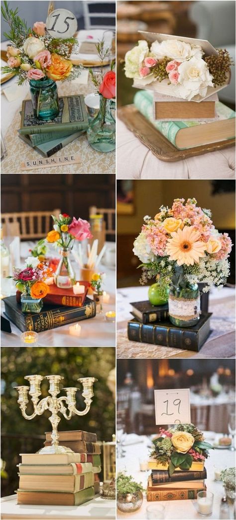 Centerpieces With Books, Vintage Wedding Centerpieces Pearls, Vintage Book Centerpiece, Book Wedding Centerpieces, Bohemian Centerpieces, Vintage Wedding Centerpieces, Wedding Centerpiece Ideas, Vintage Birdcage, Book Centerpieces