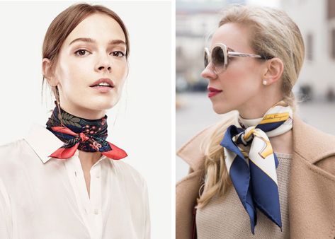 5 Ways to Tie a Silk Scarf - Lolli and Me Silk Scarf Around Neck, Square Scarf Outfit, Wear Silk Scarf, Hermes Scarf Outfit, Scarf Around Neck, Neck Scarf Outfit, Tie A Silk Scarf, Silk Scarf Outfit, Silk Scarf Tying