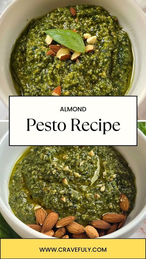 Indulge in the nutty goodness of almond pesto, a flavorful twist on the traditional sauce. Elevate your pasta dishes with this delicious creation! Almond Pesto Recipe, Almond Pesto, Arugula Pesto, Homemade Pesto, Almond Cream, Pesto Recipe, Roasted Almonds, Pesto Pasta, Dried Tomatoes