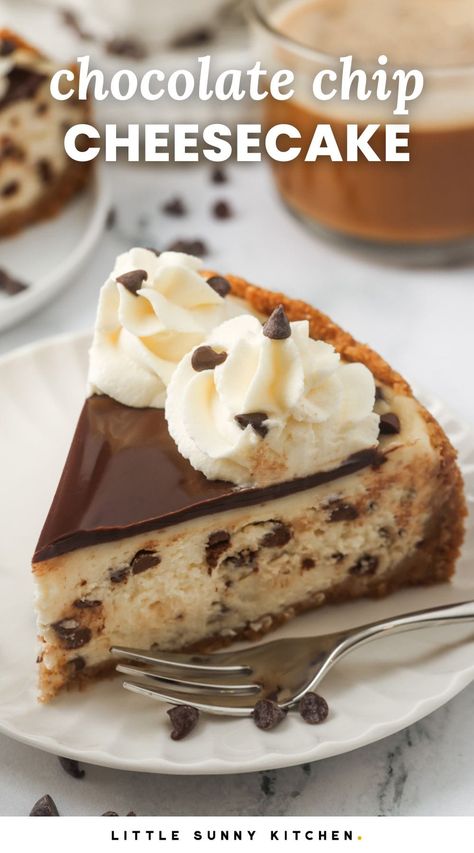 This chocolate chip cheesecake recipe is the ultimate rich and creamy dessert with a thick graham crust, topped with silky chocolate ganache and whipped cream. Chocolate Chip Cheesecake Recipes Easy, Mini Chocolate Chip Cheesecakes, Chocolate Chip Cheesecake Recipes, Easy Chocolate Chip Cheesecake, No Bake Chocolate Chip Cheesecake, Apple Cake Recipe Easy, Christmas Meals, Sunny Kitchen, Cheesecake Mousse