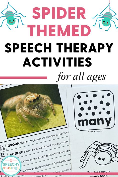 Do you love including thematic units in speech therapy sessions? Are you looking for a new theme to try with your speech therapy students? Grab this Spider themed speech therapy unit for a fun and engaging to target speech and language skills with your students. This thematic unit is perfect for all ages and all times of the year. It is also perfect for including children’s books, music and hangs on activities into your speech therapy lessons. Grab this Spider Themed Unit here. Therapy Lessons, Speech Therapy Themes, Themed Speech Therapy, Spider Theme, Can You Find It, Core Vocabulary, Speech Room, Speech Activities, Nonfiction Texts