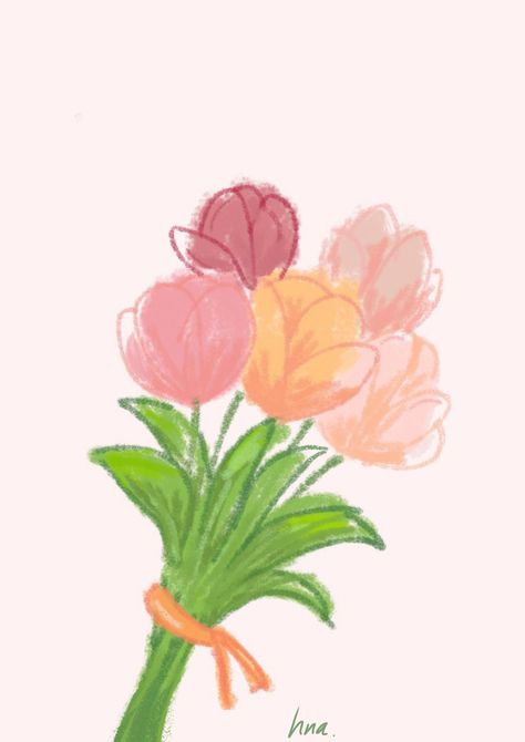 I drew this pic myself not that cute but hope you like that 💚🐸 Cute Flower Bouquets Drawings, Bouquet Of Flowers Aesthetic Drawing, Cute Flower Bouquet Drawing, Flowers For You Drawing, Flowers Tulips Drawing, Tulips Flowers Drawing, Cute Flower Pictures, Cute Drawing Flowers, Flower Drawing Bouquet