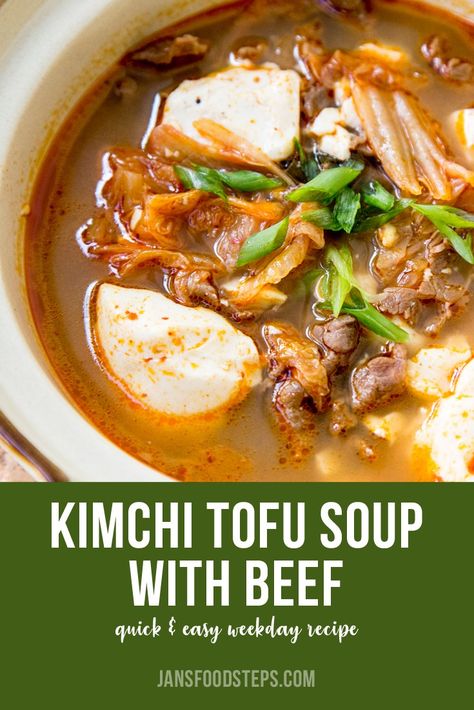 Korean Kimchi Tofu Soup with Beef Recipe | Jan's Food Steps Korean Soup Recipes Simple, Ribs Food Photography, Healthy Food Korean, Aapi Recipes, Tofu Soups, Kimchee Soup, Kimchi Tofu Soup, Korean Tofu Soup, Korean Tofu