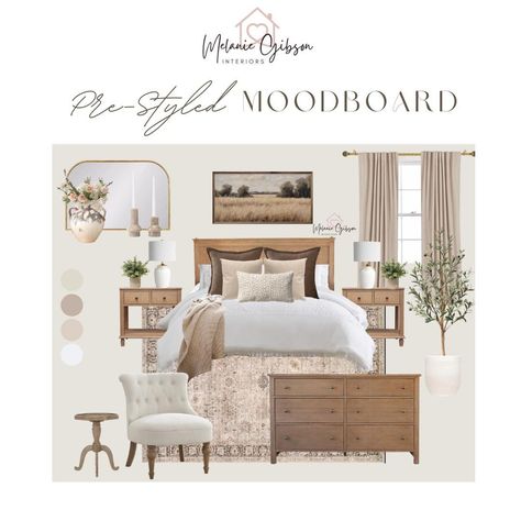 If you're beginning a design project and having trouble creating a cohesive vision for your space, a moodboard crafted by an interior designer is the perfect starting point. In this pre-styled Farmhouse bedroom moodboard, every design element from the color pallet, to the furniture, to the artwork, to the decor have been expertly selected to create a beautiful and cozy space you'll love to live in. This premade design and shopping list with clickable links to everything in the moodboard makes it Muted Modern Farmhouse, Bedroom Vision Board Interior Design, Mixing Wood Tones Bedroom, Large Master Bedrooms Decor, Modern Country Bedroom, European Farmhouse Bedroom, Modern Farmhouse Bedroom Master Suite, Cream Bedroom Decor, French Farmhouse Bedroom