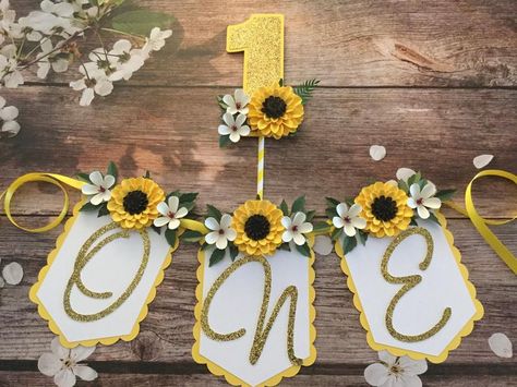 1st Birthday High Chair, Sunflower Birthday Parties, Birthday High Chair, Sunflower Party, Floral Birthday Party, 1st Birthday Banners, 1st Birthday Themes, Floral Banners, Girl Birthday Decorations