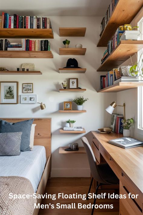 Maximize your small bedroom with stylish floating shelves! 📚🏠 Perfect for men who want both function and flair. These smart storage solutions:

Free up valuable floor space
Add a modern, masculine touch
Ideal for books, decor, and essentials
Look great above beds or desks

Pro tip: Choose natural wood shelves for warmth and character. Match the stain to your existing furniture for a cohesive look.. Click for inspiration! #SmallBedroomIdeasForMen #FloatingShelves #SpaceSavingDecor Bed And Desk Small Room, Bedroom Wall With Shelves, Bedroom With Shelves On Wall, Floating Shelves Ideas Bedroom, Bedroom Wall Shelving, Bedroom Floating Shelves Above Bed, Shelves Next To Bed, Floating Shelves Bed, Bed Shelf Ideas