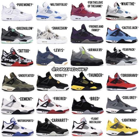 All Air Jordan Shoes List, What The Jordan 4, Sneaker Head Shoes, Jordan 4 What The, Cool Shoes Nike, Nike Shoes Names, Types Of Jordans, Types Of Nike Shoes, Jordan Air Retro 4