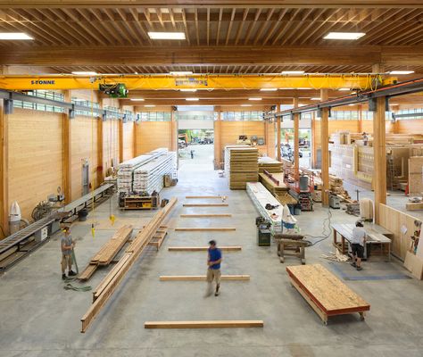 Woodworking Factory, Factory Layout, Timber Storage, Mass Timber, Beam Structure, Factory Architecture, Clerestory Windows, Wooden Buildings, Passive House