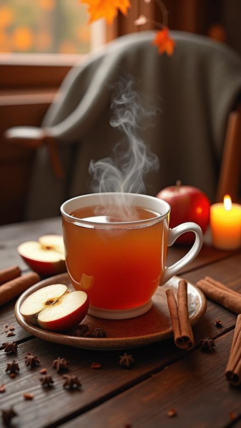 Spiced Apple Cider Tea with Cinnamon Sticks Apple Spice Tea Recipe, Fall Tea Blends, Apple Cider Aesthetic, Hot Tea Aesthetic, Apple Cinnamon Tea Recipe, Apple Cider Tea, Spiced Tea Recipe, Cozy Tea, Spiced Apple Cider