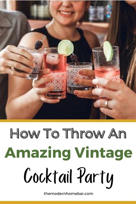 Planning to throw an amazing vintage-style cocktail party for your guests? Be sure to check out this ultimate guide for the 3 best tips for a successful party! 1940s Cocktail Party, Mid Century Modern Cocktail Party, 1950 Cocktail Party, Vintage Cocktail Party Aesthetic, How To Host A Cocktail Party At Home, How To Throw A Cocktail Party, Cocktail Tasting Party Ideas, Cocktail Party Activities, 50th Birthday Cocktail Party Ideas