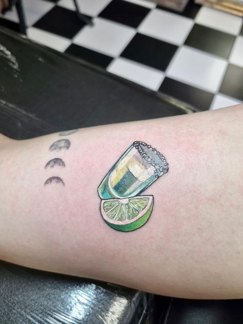 Don Julio Tattoo, Alcoholic Drink Tattoo, Tequila Tattoo Friends, Tequila And Lime Tattoo, Salt And Lime Tattoo, Bartender Tattoo Ideas For Women, Drink Tattoo Ideas, Margarita Tattoo Drinks, Tequila Bottle Tattoo