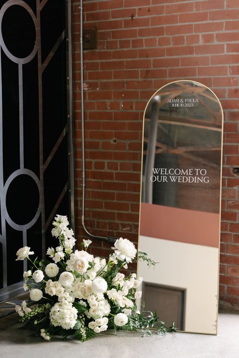 Floor Mirror Welcome Sign, Mirror Signage, Mirror Wedding Signs, Wedding Welcome Table, Wedding Mirror, Wedding Entrance Decor, White Wedding Theme, Flower Installation, Wedding Entrance