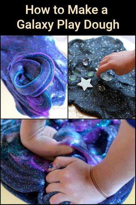 Make this beautiful, sparkly, stretchy play dough that looks just like the swirls of a galaxy, and keep your kids entertained for hours! Galaxy Playdough Recipe, Galaxy Activity For Preschool, Outer Space Activities For Infants, Night Sky Playdough, Galaxy Diy Crafts, Eclipse Art For Kids, Moon Playdough, Eyfs Space Activities, Space Kindergarten Activities