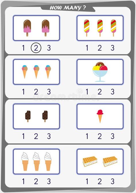 Worksheet for kids, Count the number of objects, Learn the numbers 1, 2, 3, vector illustration Counting Worksheets For Kindergarten, Preschool Number Worksheets, Worksheet Kindergarten, Math Spiral Review, Counting Objects, Alphabet Worksheets Kindergarten, Counting For Kids, Basic Addition, Counting Worksheets