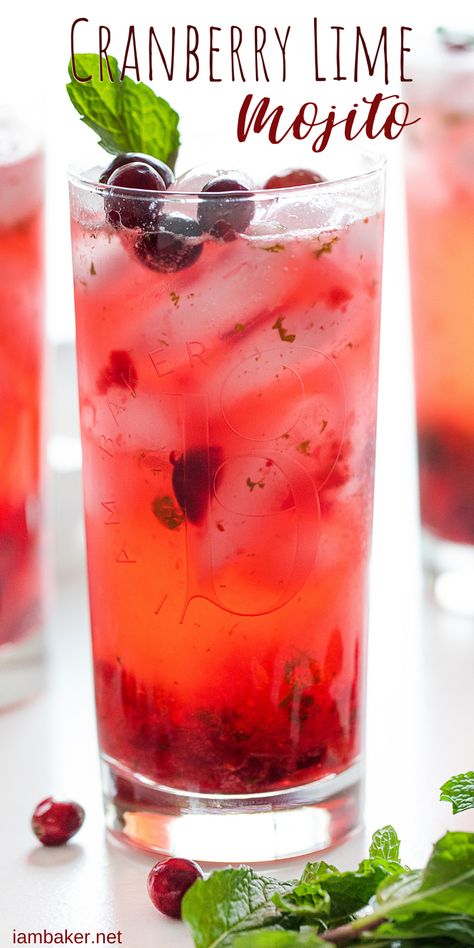 This Cranberry Mojito is all the best things about Mojito's but with a holiday twist!  Mojito recipe, how to make a mojito, easy mojito, cranberry mojito, cranberry lime mojito, new years eve mojito, cocktail, drink, holiday drink, drink ideas, new years eve drinks, i am baker Holiday Mojito Recipe, Fun Mojito Recipes, Cranberry Mojito Recipe, Fall Mojito Recipe, New Years Eve Cocktails Recipes, New Year Drinks Cocktails, Fall Mojito, New Year’s Eve Drink Ideas, Christmas Mojitos