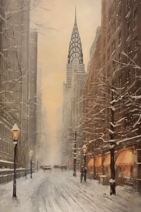 Welcome to our Chrysler Building Snowy Evening Wall Art listing! Immerse yourself in the enchanting atmosphere of a snowy New York City evening with this evocative urban landscape painting. As the snowflakes gracefully descend upon the city, they cloak the streets in a serene white blanket, transforming the bustling metropolis into a tranquil winter haven. Snowy City Painting, Snowy New York City, Winter Wonderland Painting, Snowy New York, New York City Painting, Urban Landscape Painting, Nyc Painting, Christmas In Nyc, Snowy Evening