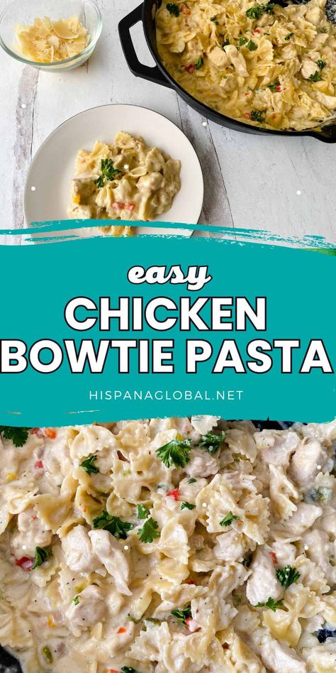 The Easiest Garlic Parmesan Chicken with Bow Tie Pasta - Hispana Global Chicken And Bowtie Pasta Recipes, Chicken Bowtie Pasta, Bow Tie Pasta Recipe, Crockpot Chicken Spaghetti, Garlic Parmesan Pasta, Chicken Spinach Pasta, Bow Tie Pasta, Chicken Stroganoff, White Sauce Pasta