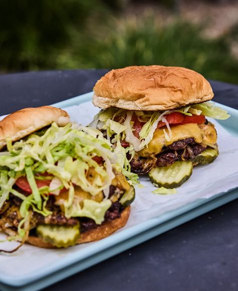 Smashed Butter Burgers - Tillamook Smashed Butter Burgers, Butter Burger, Classic Backyard, Smashed Burgers, Tillamook Cheese, Butter Burgers, Lunch Sides, Bbq Chicken Sandwich, Burger Toppings