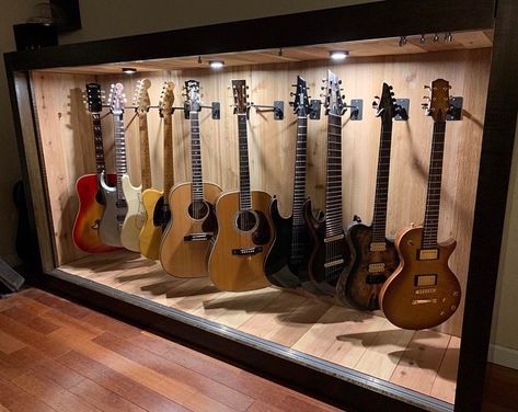 Guitar Display Case, Guitar Shelf, Music Room Design, Guitar Storage, Home Music Rooms, Guitar Display, Guitar Rack, Guitar Room, Home Studio Setup