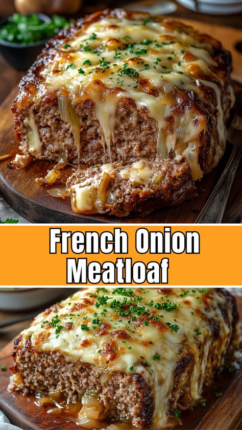 French Onion Meatloaf: A Delicious Twist on a Classic! - Delicious Recipes - Easy Cooking Ideas and Tasty Dishes French Fried Onion Meatloaf, French Onion Soup Meatloaf, Onion Soup Meatloaf Recipe, French Onion Meatloaf, Stuffed Meatloaf, Classic French Onion Soup, Good Meatloaf Recipe, Dish Ideas, Best Meatloaf