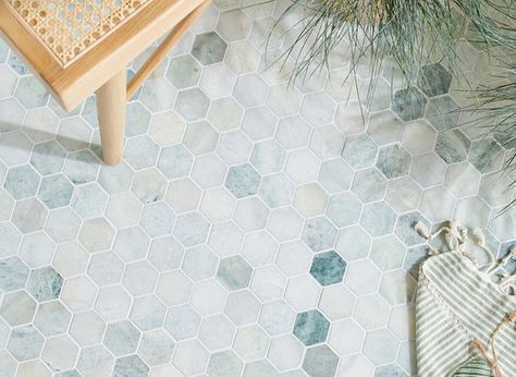 Gorgeous green mosaic floor tiles from Fired Earth Light Green Bathroom Floor Tiles, Green Patterned Bathroom Tiles, Green Mosaic Bathroom, Sea Green Shower Tile, Green Tile Floor, Icelandic Green Hexagon Tile, Blue Green Tile, The Colour Green, Main Bathroom Ideas