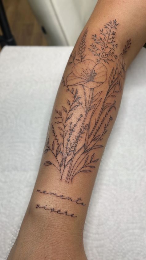 Carley Grace Tattoos | First session on the wild flower sleeve 🌸 Thank you @sydneyrmichael 🤍 | Instagram Buque Of Flowers Tattoo, Undeniable Tattoo, Girly Full Sleeve Tattoos, Women S Tattoos, Easy Forearm Tattoo Women, Sleeve Of Flowers Tattoo, Wild Flowers Sleeve Tattoo, Tattoo Ideas On Upper Arm, Flower Sticker Sleeve Tattoo