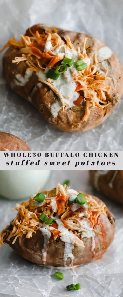 Loaded Sweet Potato With Chicken, Baked Sweet Potato Meal Prep, Buffalo Chicken Sweet Potato, Buffalo Chicken Stuffed Sweet Potatoes, Buffalo Chicken Recipe, Slow Cooker Buffalo Chicken, Buffalo Chicken Dip Crock Pot, Shredded Buffalo Chicken, Chicken Potato Bake