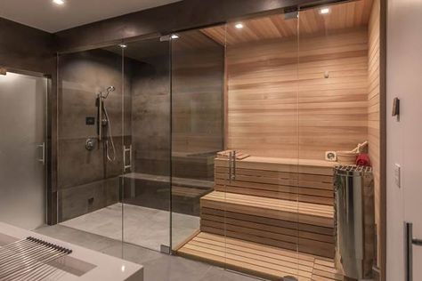 Master Bath With Sauna Layout, Sauna Shower Combo Master Bath, Bathroom With Sauna Layout, Sauna Bathroom Ideas, Steam Showers Bathroom Master Bath, Home Steam Room, Sauna Bathroom, Sauna Bathroom Design, Steam Room Shower