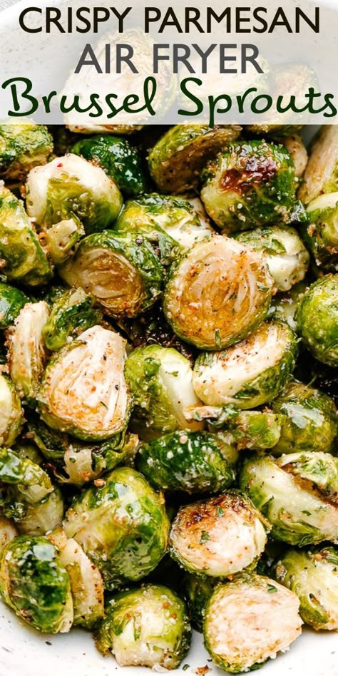 The best way to make the crunchiest Brussel Sprouts is to AIR-FRY them! These are truly crispy and have the best crunch. Tossed in just a bit of olive oil, pork panko bread crumbs, and parmesan cheese, Air Fryer Brussel Sprouts are absolutely delicious! #airfryer #brusselsprouts Air Fryer Brussel Sprouts, Filet Mignon Chorizo, Pork Panko, Fried Brussel Sprouts, Crispy Brussel Sprouts, Easy Vegetable Side Dishes, Air Fryer Oven Recipes, Air Fry Recipes, Pasta Carbonara