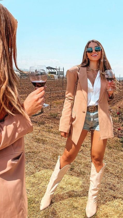 Brown Outfit With Black Shoes, Green Rodeo Outfit, Napa Winery Outfit Summer, Rock Concert Skirt Outfit, Cowgirl Boots Spring Outfit, Styling Cowboy Boots Women Winter, Rodeo Boots Women Outfit, Blazer With Cowgirl Boots, Tequila Outfit Ideas