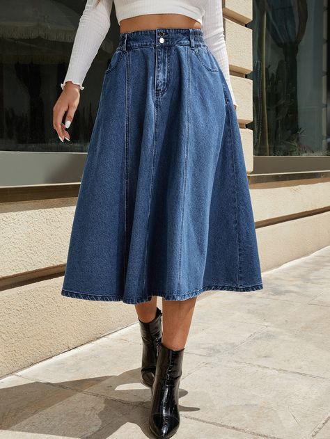 High Waist Denim Skirt Outfit Ideas, A Line Jean Skirt, Flare Denim Skirt, Modest Jean Skirts, Denim Skirts Online, High Waisted Jean Skirt, Flared Denim Skirt, Long Flared Skirt, Denim Skirt Trend